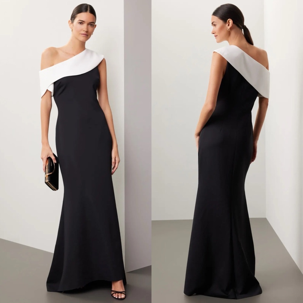 Badgley Mishka Black and White One Shoulder Maxi Formal Gown Dress Size 12